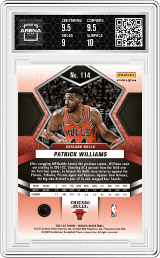 Patrick Williams from the 2021-22 Panini Mosaic  set featuring a Choice Peacock parallel graded by Arena Club and given an overall grade of 9.5.