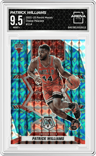 Patrick Williams from the 2021-22 Panini Mosaic  set featuring a Choice Peacock parallel graded by Arena Club and given an overall grade of 9.5.