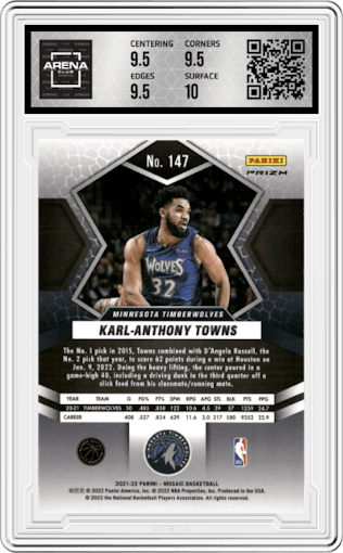 Karl-Anthony Towns  from the 2021-22 Panini Mosaic  set featuring a Mosaic parallel graded by Arena Club and given an overall grade of 10.