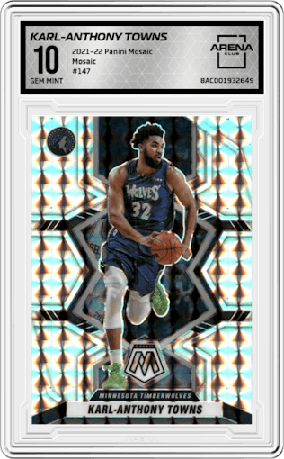 Karl-Anthony Towns  from the 2021-22 Panini Mosaic  set featuring a Mosaic parallel graded by Arena Club and given an overall grade of 10.