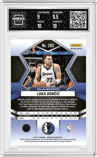 Luka Doncic from the 2021-22 Panini Mosaic  set featuring a Mosaic parallel graded by Arena Club and given an overall grade of 9.5.