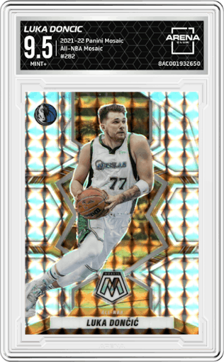 Luka Doncic from the 2021-22 Panini Mosaic  set featuring a Mosaic parallel graded by Arena Club and given an overall grade of 9.5.
