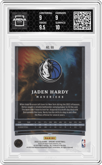 Jaden Hardy from the 2022-23 Panini Origins set graded by Arena Club and given an overall grade of 9.5.