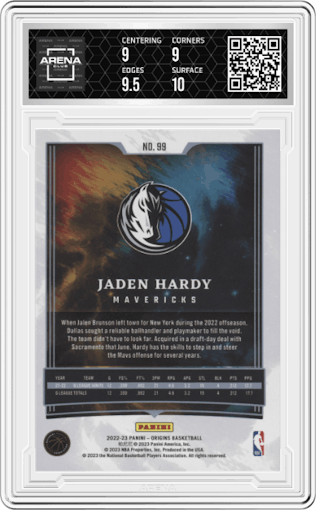 Jaden Hardy from the 2022-23 Panini Origins set graded by Arena Club and given an overall grade of 9.5.
