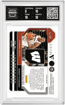 Johnny Davis from the 2022-23 Panini Prizm Draft Picks set featuring a Purple Ice parallel graded by Arena Club and given an overall grade of 8.5.