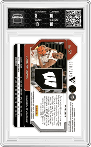 Johnny Davis from the 2022-23 Panini Prizm Draft Picks set featuring a Purple Ice parallel graded by Arena Club and given an overall grade of 8.5.