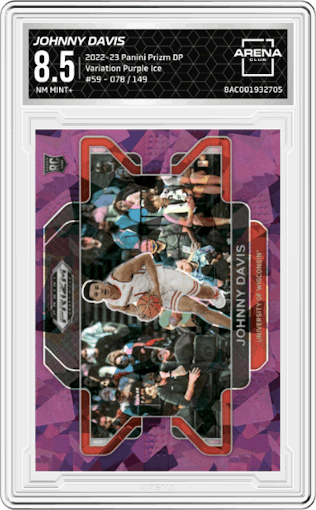 Johnny Davis from the 2022-23 Panini Prizm Draft Picks set featuring a Purple Ice parallel graded by Arena Club and given an overall grade of 8.5.