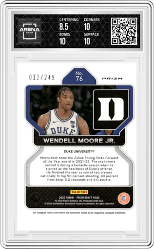 Wendell Moore Jr. from the 2022-23 Panini Prizm Draft Picks set featuring a Blue Wave parallel graded by Arena Club and given an overall grade of 9.