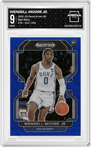 Wendell Moore Jr. from the 2022-23 Panini Prizm Draft Picks set featuring a Blue Wave parallel graded by Arena Club and given an overall grade of 9.