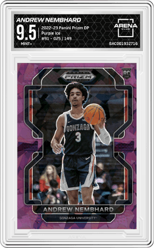 Andrew Nembhard from the 2022-23 Panini Prizm Draft Picks set featuring a Purple Ice parallel graded by Arena Club and given an overall grade of 9.5.