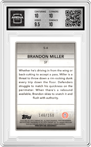 Brandon Miller from the 2022-23 Bowman University Chrome set featuring a Aqua Refractor parallel graded by Arena Club and given an overall grade of 10.