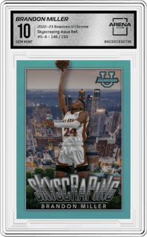 Brandon Miller from the 2022-23 Bowman University Chrome set featuring a Aqua Refractor parallel graded by Arena Club and given an overall grade of 10.