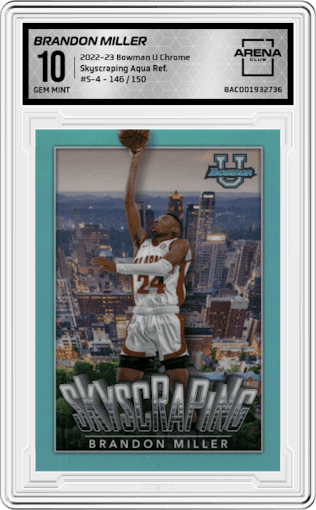 Brandon Miller from the 2022-23 Bowman University Chrome set featuring a Aqua Refractor parallel graded by Arena Club and given an overall grade of 10.