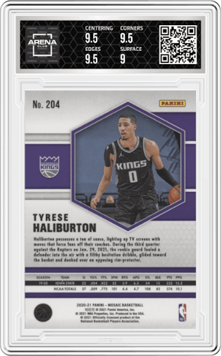 Tyrese Haliburton from the 2020-21 Panini Mosaic set graded by Arena Club and given an overall grade of 9.5.