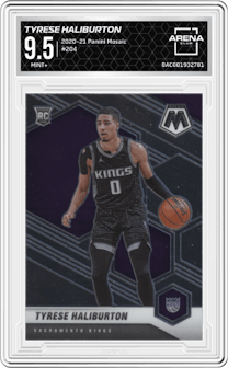 Tyrese Haliburton from the 2020-21 Panini Mosaic set graded by Arena Club and given an overall grade of 9.5.