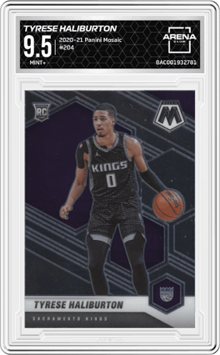Tyrese Haliburton from the 2020-21 Panini Mosaic set graded by Arena Club and given an overall grade of 9.5.