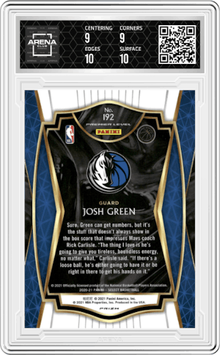 Josh Green from the 2020-21 Panini Select  set featuring a Blue Prizm  parallel graded by Arena Club and given an overall grade of 9.5.