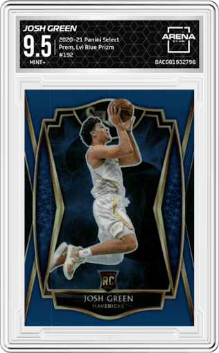 Josh Green from the 2020-21 Panini Select  set featuring a Blue Prizm  parallel graded by Arena Club and given an overall grade of 9.5.