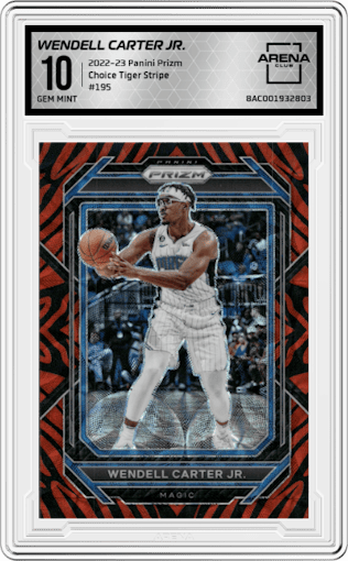 Wendell Carter Jr. from the 2022-23 Panini Prizm  set featuring a Choice Tiger Stripe parallel graded by Arena Club and given an overall grade of 10.