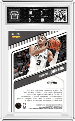 Keldon Johnson from the 2022-23 Donruss Elite set featuring a Orange parallel graded by Arena Club and given an overall grade of 9.5.