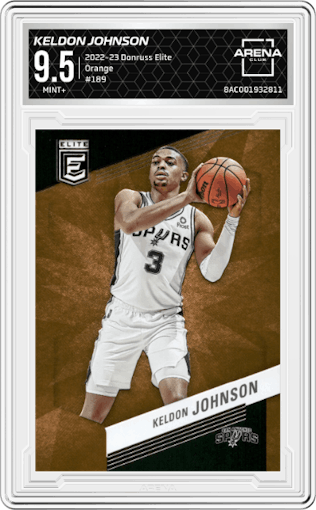 Keldon Johnson from the 2022-23 Donruss Elite set featuring a Orange parallel graded by Arena Club and given an overall grade of 9.5.