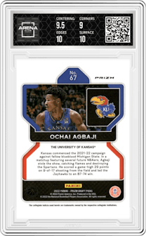 Ochai Agbaji from the 2022-23 Panini Prizm Draft Picks set featuring a Hyper parallel graded by Arena Club and given an overall grade of 9.5.