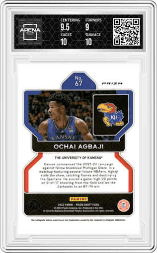 Ochai Agbaji from the 2022-23 Panini Prizm Draft Picks set featuring a Hyper parallel graded by Arena Club and given an overall grade of 9.5.