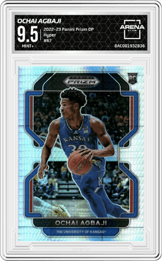 Ochai Agbaji from the 2022-23 Panini Prizm Draft Picks set featuring a Hyper parallel graded by Arena Club and given an overall grade of 9.5.