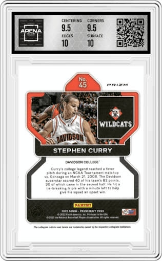 Stephen Curry from the 2022-23 Panini Prizm Draft Picks set featuring a Hyper parallel graded by Arena Club and given an overall grade of 10.