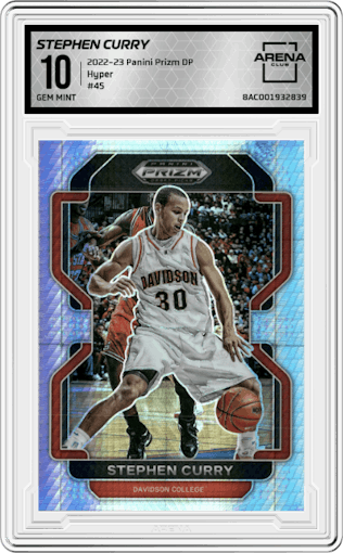 Stephen Curry from the 2022-23 Panini Prizm Draft Picks set featuring a Hyper parallel graded by Arena Club and given an overall grade of 10.