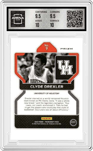 Clyde Drexler from the 2022-23 Panini Prizm Draft Picks set featuring a Silver Prizm parallel graded by Arena Club and given an overall grade of 10.