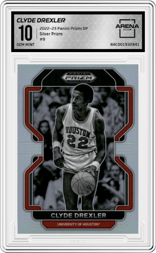 Clyde Drexler from the 2022-23 Panini Prizm Draft Picks set featuring a Silver Prizm parallel graded by Arena Club and given an overall grade of 10.