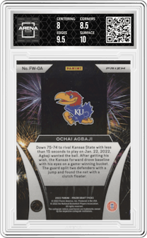 Ochai Agbaji from the 2022-23 Panini Prizm Draft Picks set featuring a Silver Prizm parallel graded by Arena Club and given an overall grade of 8.5.