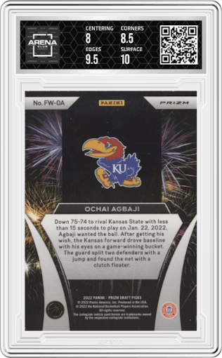 Ochai Agbaji from the 2022-23 Panini Prizm Draft Picks set featuring a Silver Prizm parallel graded by Arena Club and given an overall grade of 8.5.