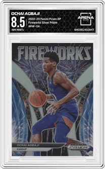 Ochai Agbaji from the 2022-23 Panini Prizm Draft Picks set featuring a Silver Prizm parallel graded by Arena Club and given an overall grade of 8.5.