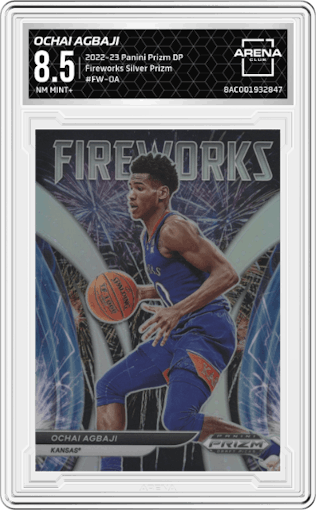 Ochai Agbaji from the 2022-23 Panini Prizm Draft Picks set featuring a Silver Prizm parallel graded by Arena Club and given an overall grade of 8.5.