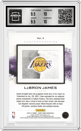 LeBron James from the 2020-21 Panini Court Kings set graded by Arena Club and given an overall grade of 10.