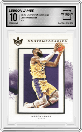 LeBron James from the 2020-21 Panini Court Kings set graded by Arena Club and given an overall grade of 10.