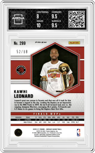 Kawhi Leonard from the 2020-21 Panini Mosaic set featuring a Choice Fusion Red & Yellow  parallel graded by Arena Club and given an overall grade of 8.5.