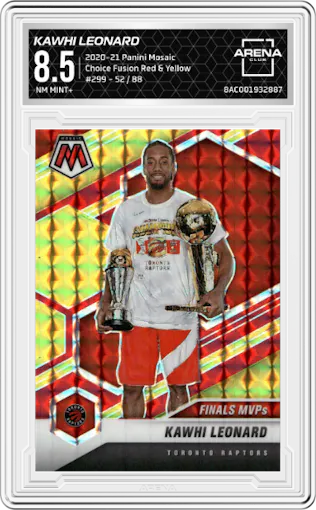 Kawhi Leonard from the 2020-21 Panini Mosaic set featuring a Choice Fusion Red & Yellow  parallel graded by Arena Club and given an overall grade of 8.5.