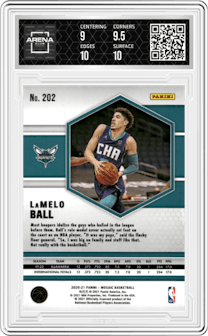 LaMelo Ball from the 2020-21 Panini Mosaic set featuring a Silver parallel graded by Arena Club and given an overall grade of 9.5.