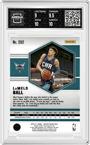 LaMelo Ball from the 2020-21 Panini Mosaic set featuring a Silver parallel graded by Arena Club and given an overall grade of 9.5.