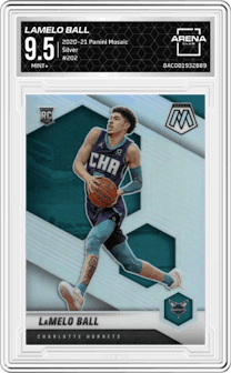 LaMelo Ball from the 2020-21 Panini Mosaic set featuring a Silver parallel graded by Arena Club and given an overall grade of 9.5.