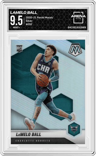 LaMelo Ball from the 2020-21 Panini Mosaic set featuring a Silver parallel graded by Arena Club and given an overall grade of 9.5.