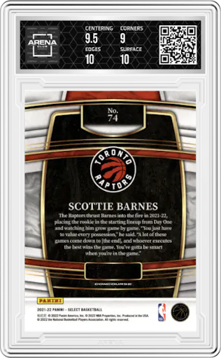 Scottie Barnes from the 2021-22 Panini Select set graded by Arena Club and given an overall grade of 9.5.