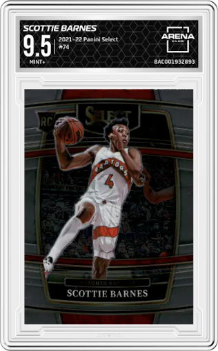 Scottie Barnes from the 2021-22 Panini Select set graded by Arena Club and given an overall grade of 9.5.