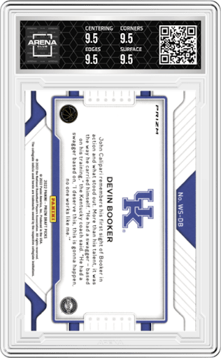 Devin Booker from the 2022-23 Panini Prizm Draft Picks set featuring a Silver parallel graded by Arena Club and given an overall grade of 9.5.