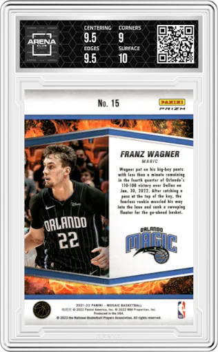 Franz Wagner from the 2021-22 Panini Mosaic  set featuring a Mosaic parallel graded by Arena Club and given an overall grade of 9.5.
