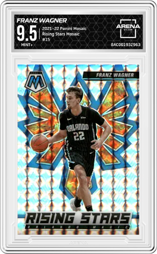 Franz Wagner from the 2021-22 Panini Mosaic  set featuring a Mosaic parallel graded by Arena Club and given an overall grade of 9.5.