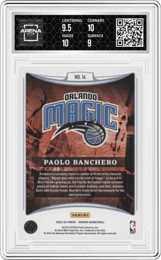 Paolo Banchero from the 2022-23 Panini Origins set graded by Arena Club and given an overall grade of 9.5.